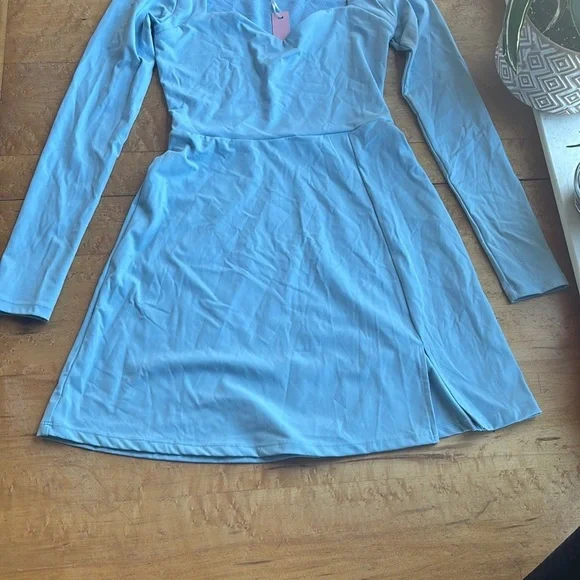 Blue Fit and Flare Long Sleeve V-Neck Dress for Cocktail - Picture 4 of 12